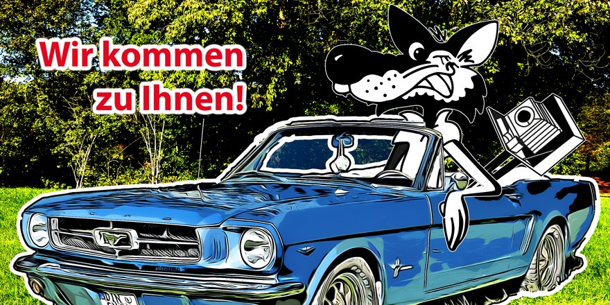 Der Foto Wolff-Comic-Wolf als Fotograf im blauen 1965er Ford Mustang