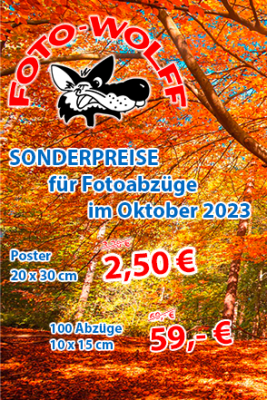 Sonderpreise für Fotoabzüge im Oktober 2023 - Poster 20 x 30 cm, 100 Abzüge 10 x 15 cm